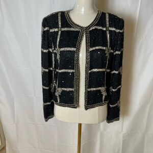 Vintage Laurence Kazar Black and Silver Beaded Blazer